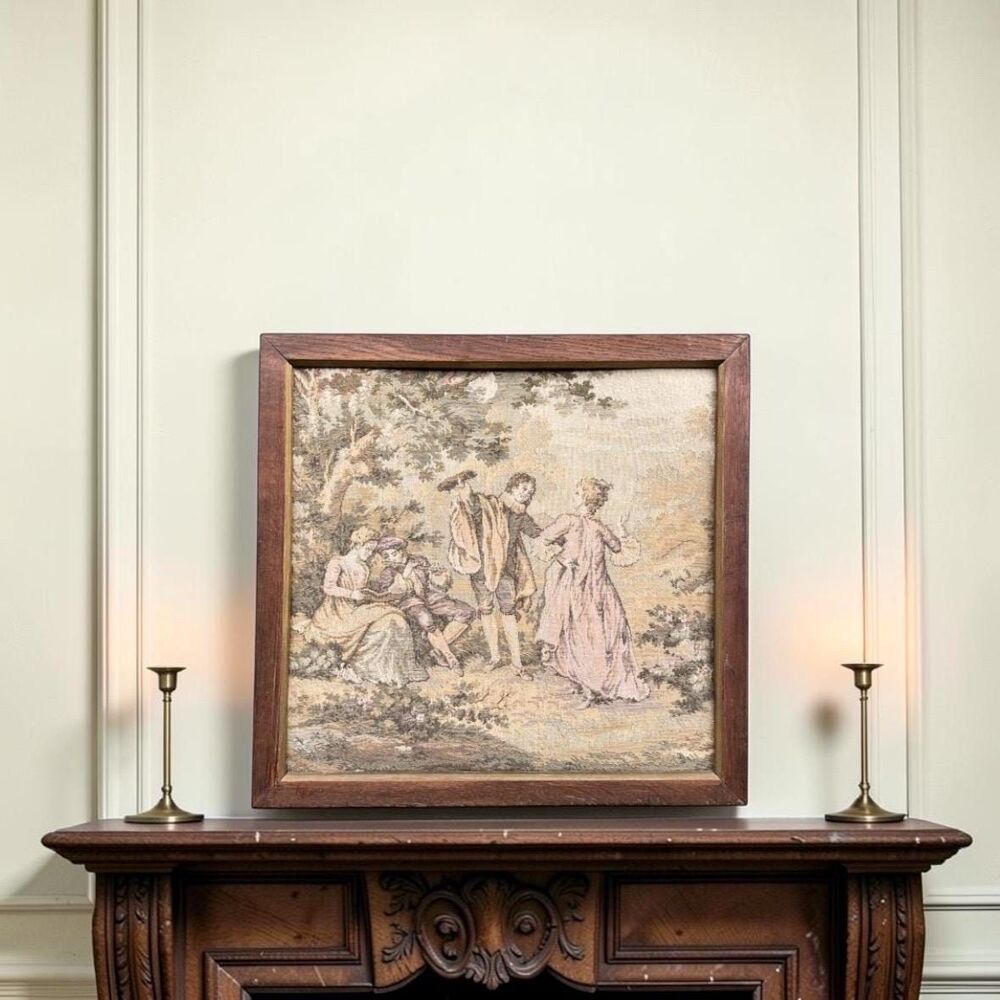 Vintage French Rococo Tapestry, Fête Galante Pastoral Scene, Framed Wall Art